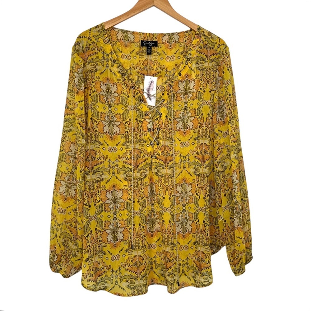 Jessica Simpson Womens Printed Long Sleeve Lace Up Blouse 2X Yellow Semi Sheer
